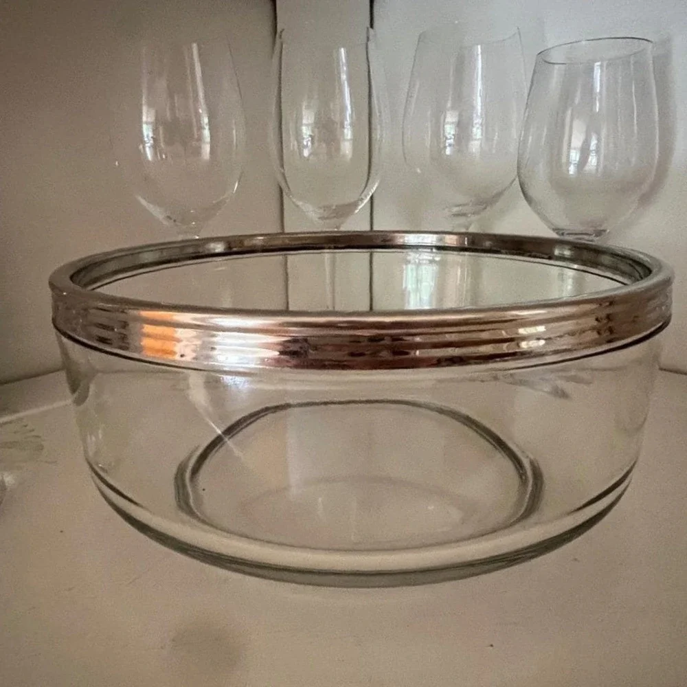 Serving Bowl Silver Rim Glass Mid Century Modern Italian Style Barware Vintage